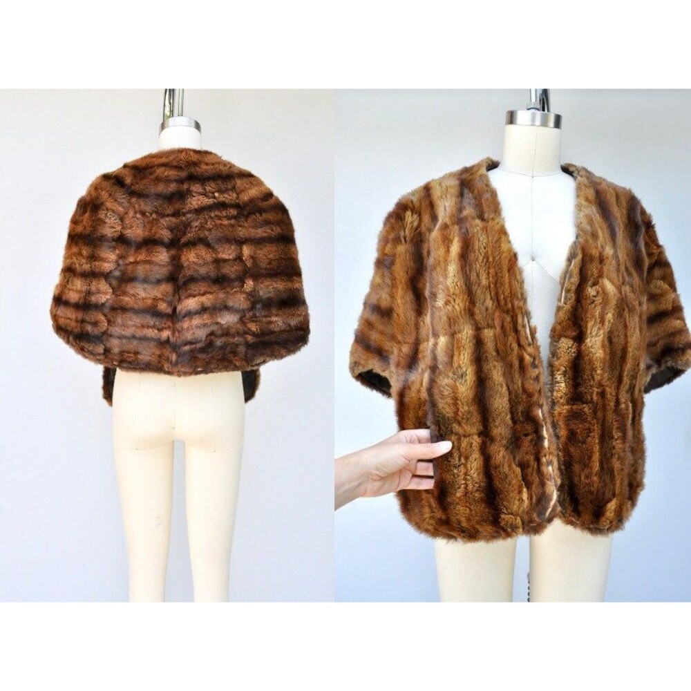 Vintage Rabbit Fur Stole Cape Capelet Wrap Shawl POCKETS 40s 50s Mid Century